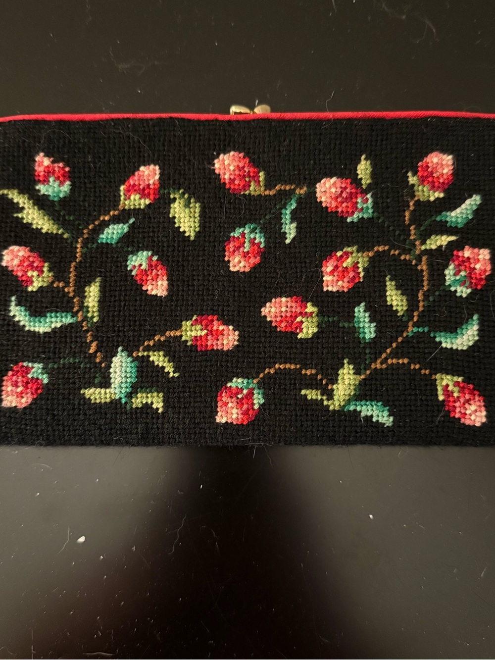 Vintage Black Floral Needlepoint Wristlet Clutch with Red Accents